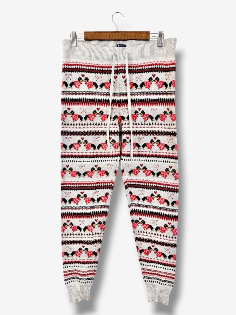 American Eagle Dachshund Holiday Pants Size L Dog Heart Print Sweater Knit Gray